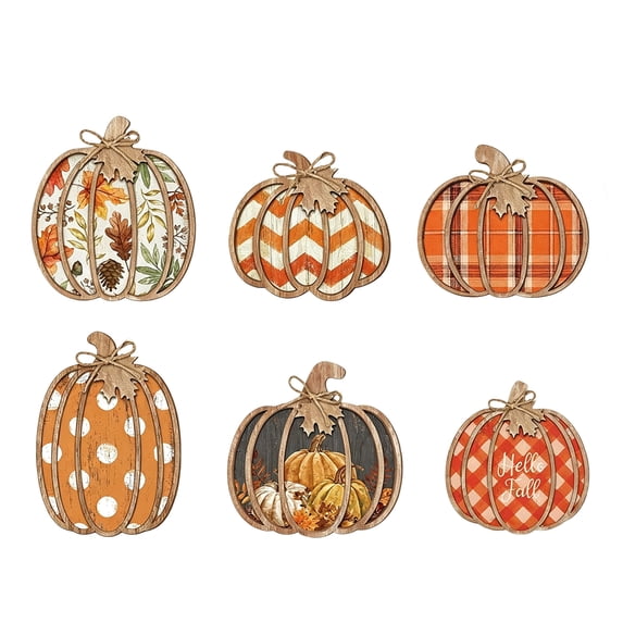 6 Pack Wooden Pumpkin Decor with Hello Fall Signs, Rustic Farmhouse Autumn Table Centerpieces for Home Porch, Vintage Thanksgiving Kitchen Mantel Decorations