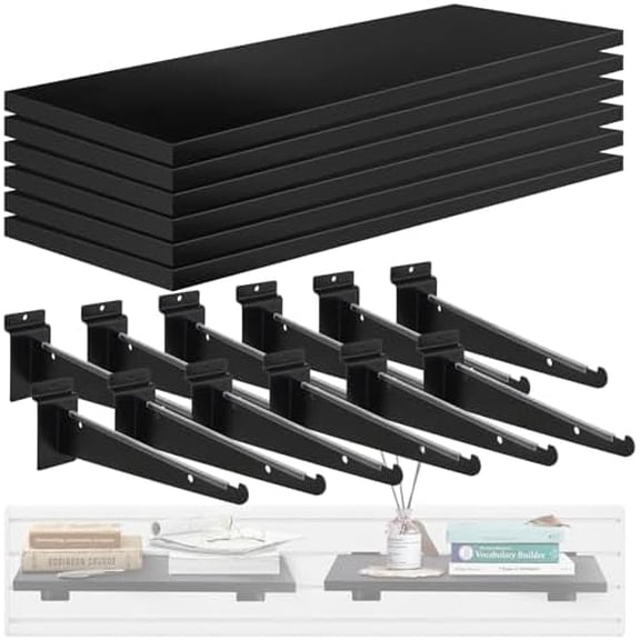 6 Pack Wooden Slatwall Shelves, 16" x 8" Heavy Duty Slat Wall Shelf with Metal Brackets, Slat Wall Accessory for Garage, Home, Retail, and Boutiques$$Furniture