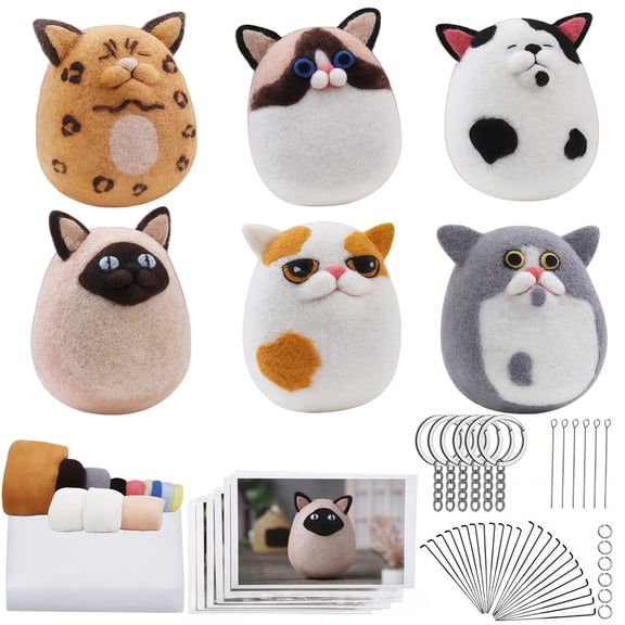 6 PCS Cat Wool Felt Pendant Kit, Animal Felting Craft Material Set with Pre-Cut Wool, Tools & Instructions, DIY Hanging Ornament Kit for Beginners & Cat Lovers