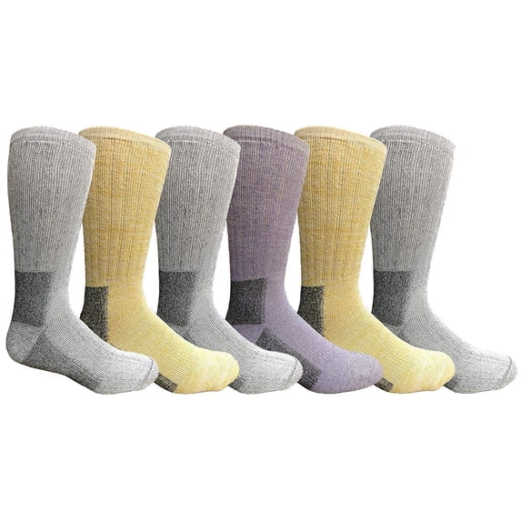 6 Pack Wool Socks For Men, Hunting Hiking Backpacking Thermal Boot Socks (Gray/Yellow/Purple Assorted)