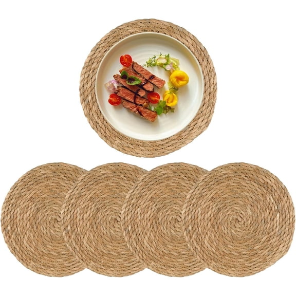 Woven Placemats Round,14 Inches Natural Water Hyacinth Weave Placemat,Heat Resistant Non-Slip Rattan Placemat Woven Placemats Farmhouse Boho Rattan Table Mats for Kitchen, Dinner, Outdoor