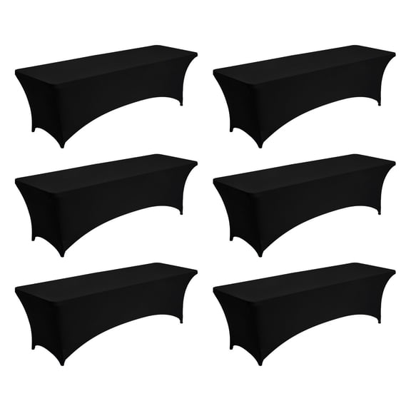 6 Pack Wrinkle Resistant Stretch Black Tablecloth for 8ft Rectangular Tables Washable Spandex Table Cover for Wedding Party Banquet Festival Events
