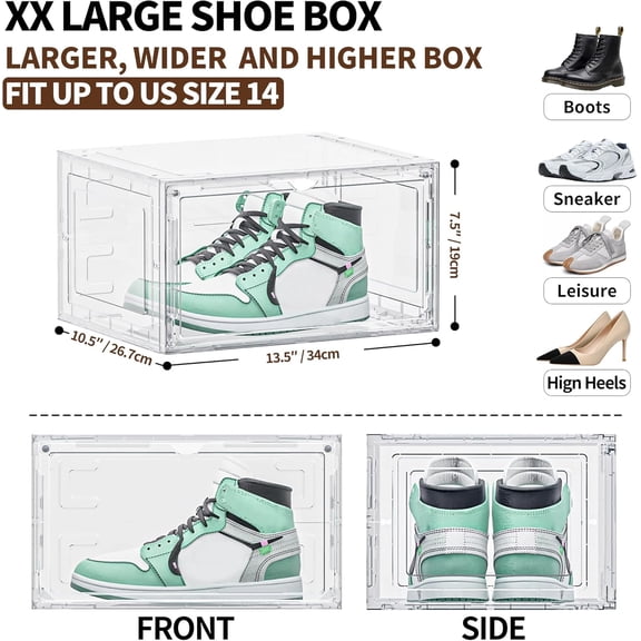 6 Pack XX Large Shoe Organizer, Heavy-Duty Hard Thicken Plastic Clear Stackable Shoe Storage Box Organizer for Closet, Space-Saving Shoe Rack Display Case Bin Containers for Sneakers, Clear