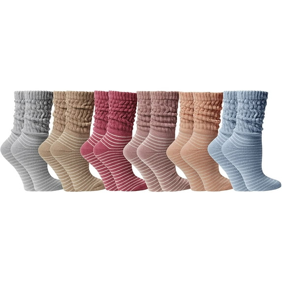 6 Pack Yacht & Smith Scrunch Socks for women Cotton Slouch Sock, Woman Knee High Boot Sock (Striped Neutral)