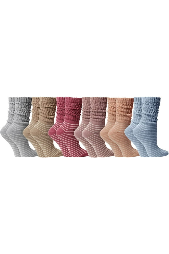 6 Pack Yacht & Smith Scrunch Socks for women Cotton Slouch Sock, Woman Knee High Boot Sock (Striped Neutral)