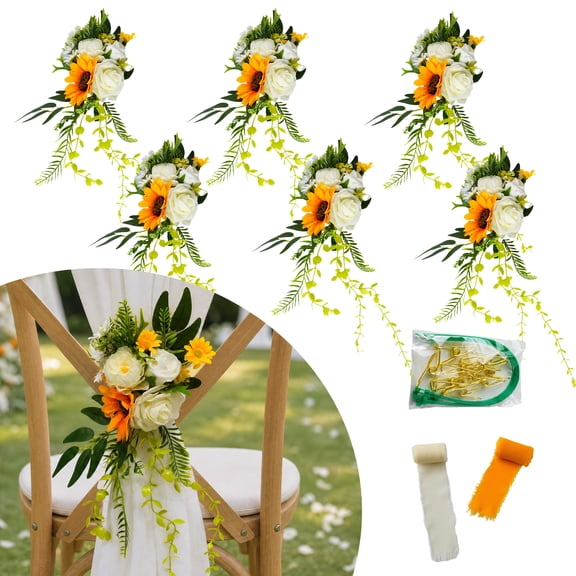 6-Pack Yellow Artificial flower Chair Back Decor, Wedding Aisle Ceremony Flowers with Ribbons and Fastening Accessories