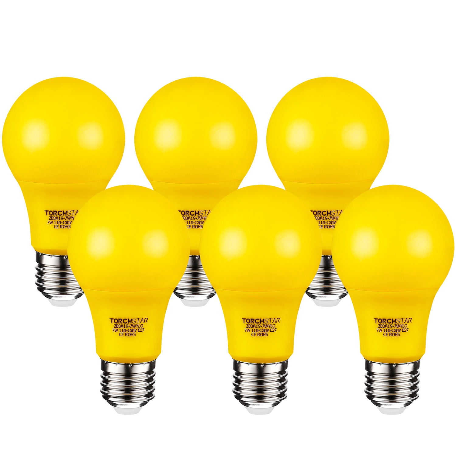 6 Pack Yellow LED A19 Colored Light Bulb, 7W, Medium E26 Base, Outdoor Bug Free Lights for Porch, Patio, Backyard, Entry Way