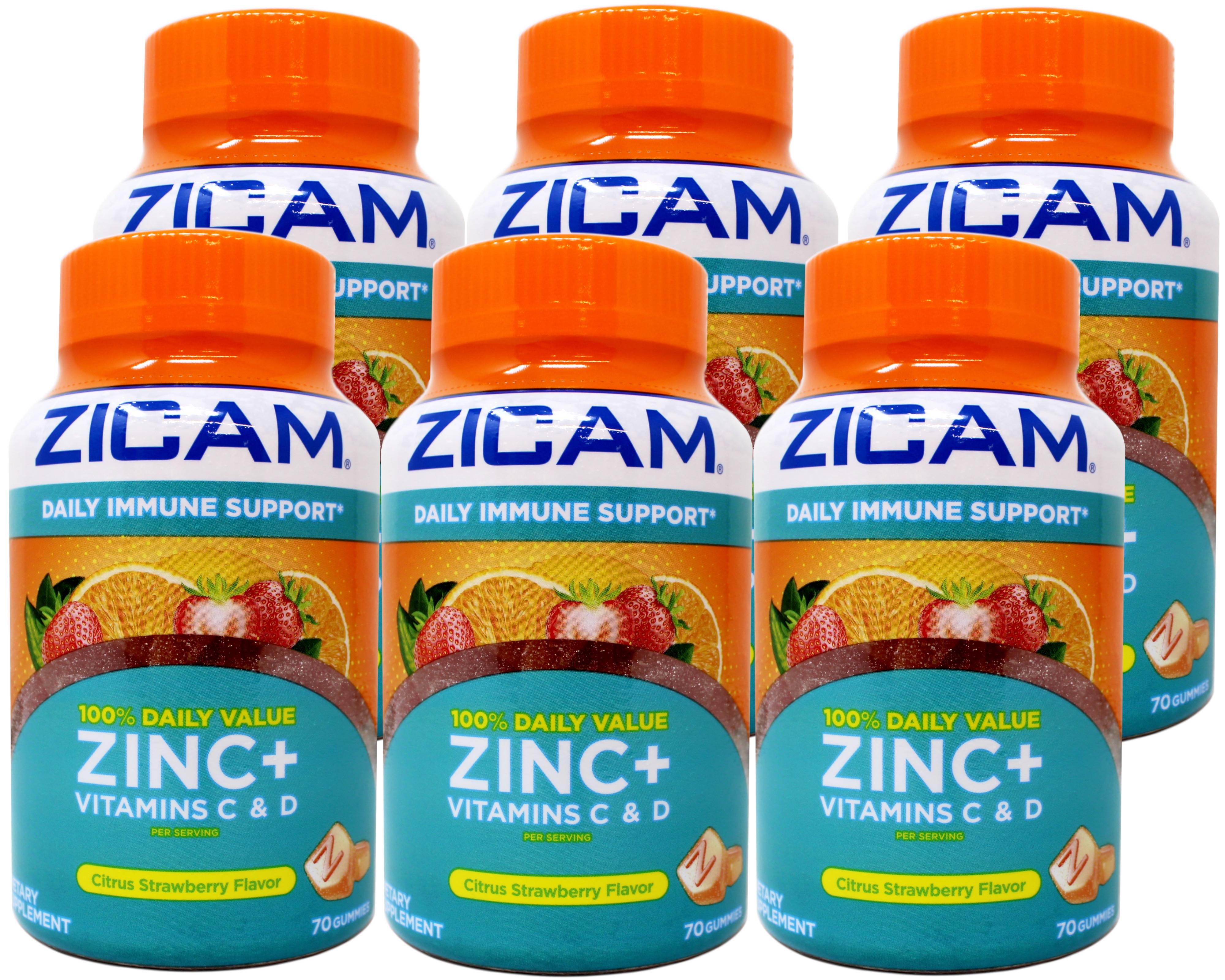 6 Pack - Zicam Daily Immune Support, Gummy Supplement, Zinc, Vitamin C & Vitamin D, Citrus Strawberry Flavor, 70 Count