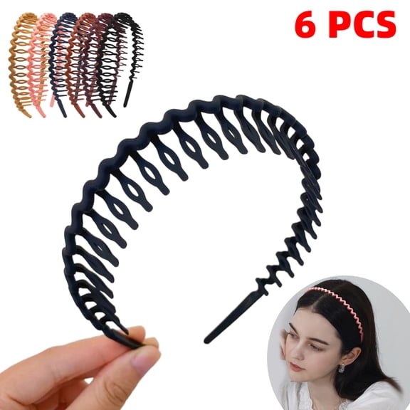 6 Pack Zig Zag Headbands With Teeth, Plastic Thin Wavy Black Headbands For Women Non Slip