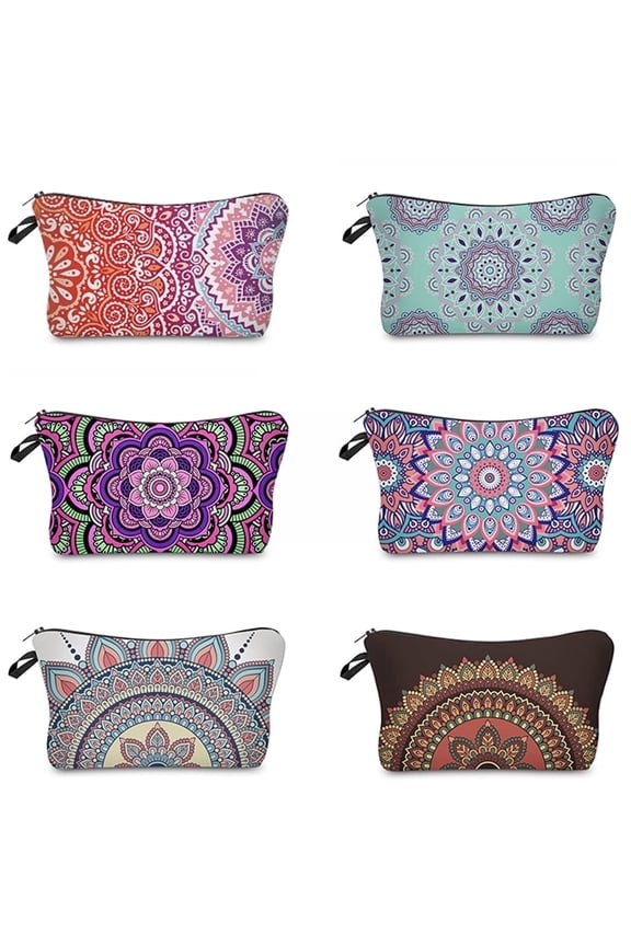 6 Pack Makeup Bags for Women, Mandala Flowers Cosmetic Bag with Zipper, Small Purse Pouch Travel Accessories Gifts
