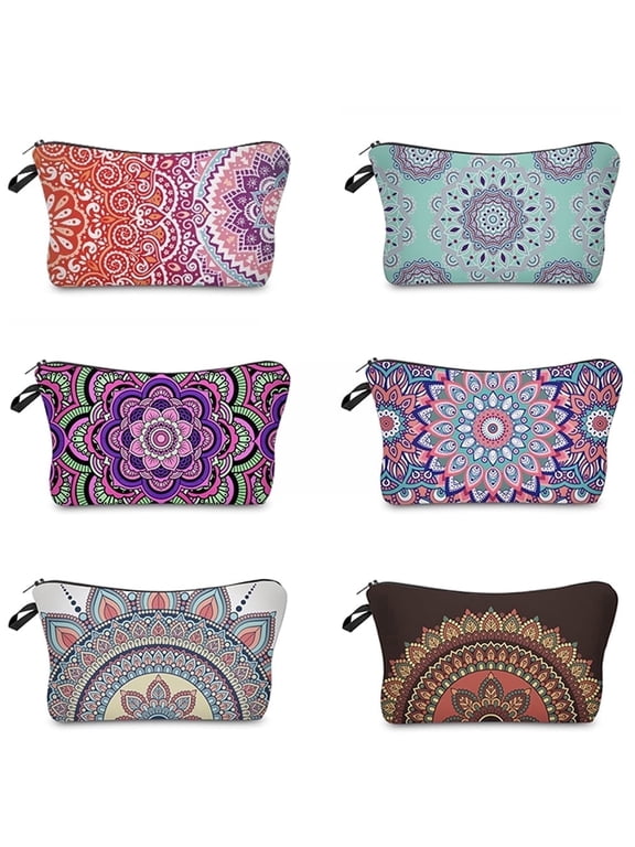 6 Pack Makeup Bags for Women, Mandala Flowers Cosmetic Bag with Zipper, Small Purse Pouch Travel Accessories Gifts