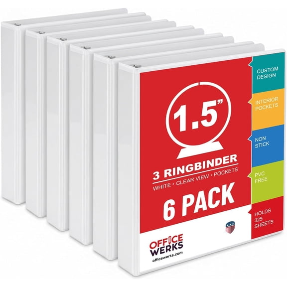 6 Pack of 1.5 Inch 3 Ring Binders, Clear View White Binders with Inside Pockets, Round Rings, Fit 8.5 x 11 Inches, School & Office Supplies