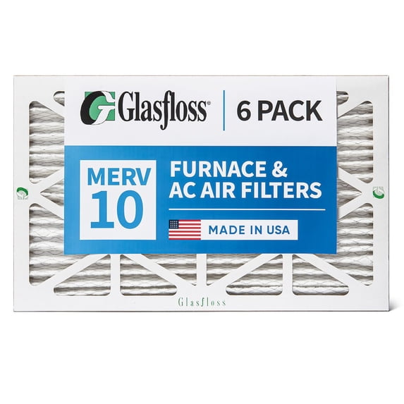 6 Pack of 12x20x1 MERV 10 Pleated Air Filters by Glasfloss. Actual Size: 11-1/2 x 19-1/2 x 7/8