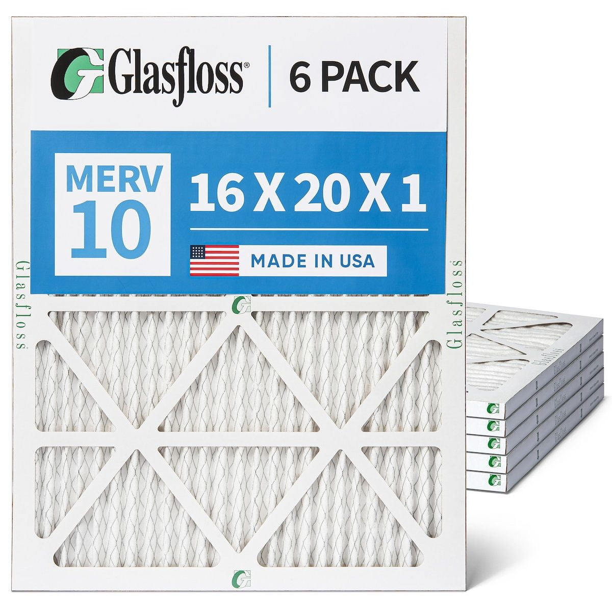 6 Pack of 16x20x1 MERV 10 Pleated Air Filters by Glasfloss. Actual Size: 15-1/2 x 19-1/2 x 7/8