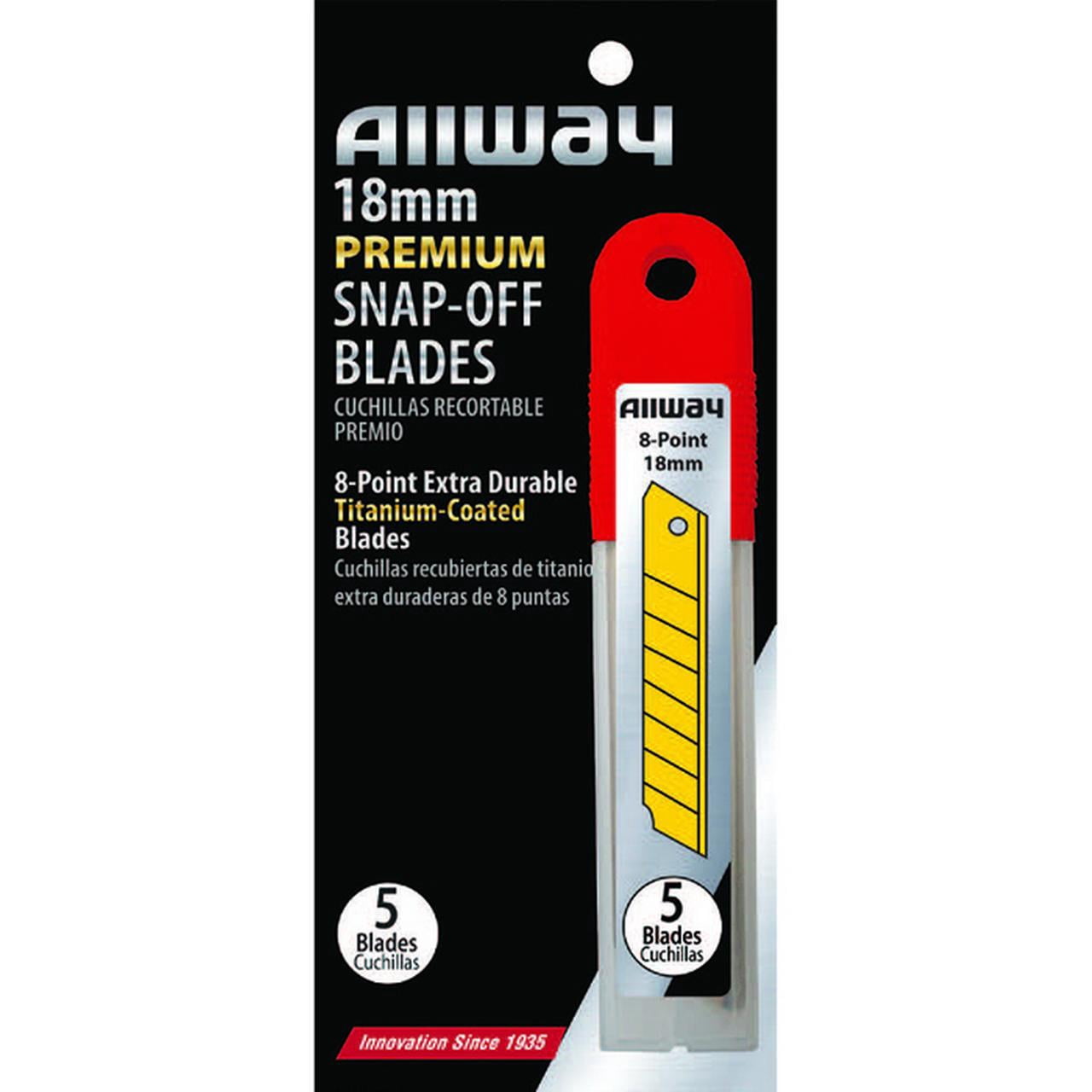 6-Pack of 18mm Allway SB18-5T Red/Black B-Series Carded, Extra Durable Titanium 8-Point Snap Blade with Safety Holder Dispenser, 5 Blade Pack