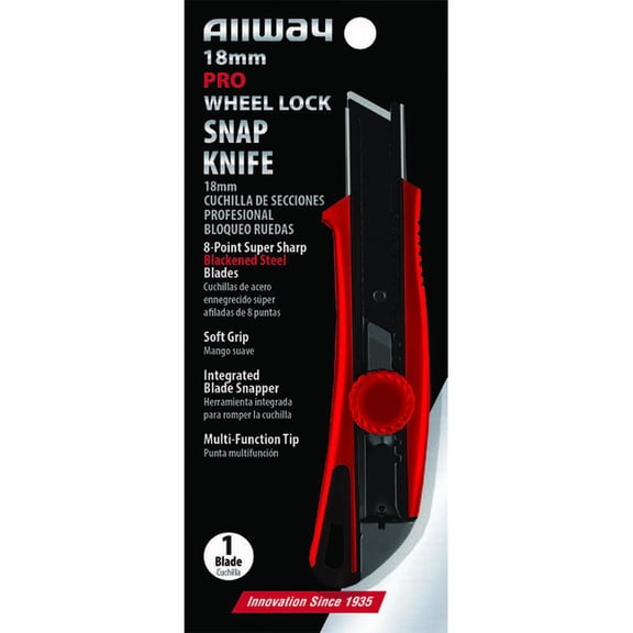 6-Pack of 18mm Allway SK18BW Red/Black K-Series Carded, Pro Soft Grip Wheel Lock Snap Knife with 1 Premium 8-Point Blackened Steel Blade