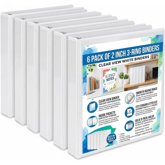 6 Pack of 2 Inch 3 Ring Binders, Clear View White Binders with Inside Pockets, Round Rings, Fit 8.5 x 11 Inches, School & Office Supplies