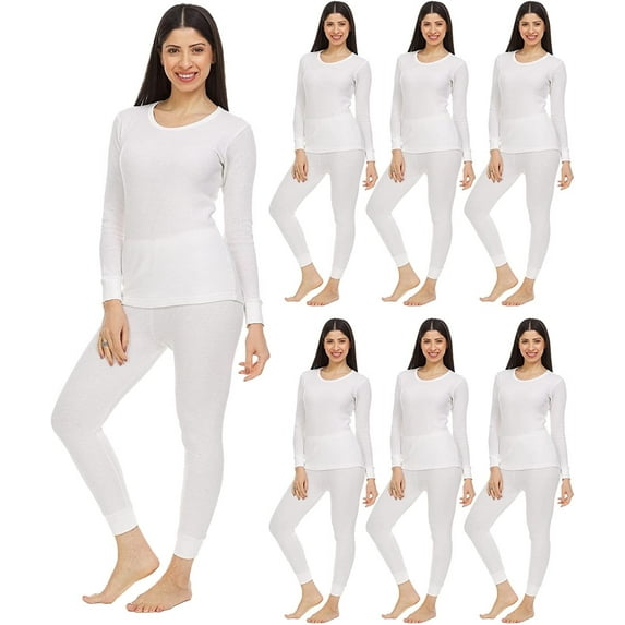 BILLIONHATS 6 Pack of 2pc Thermal Sets for Woman, Base Layer Long Johns Underwear, Top & Bottom, Cotton, Solid Colors (Small, White)