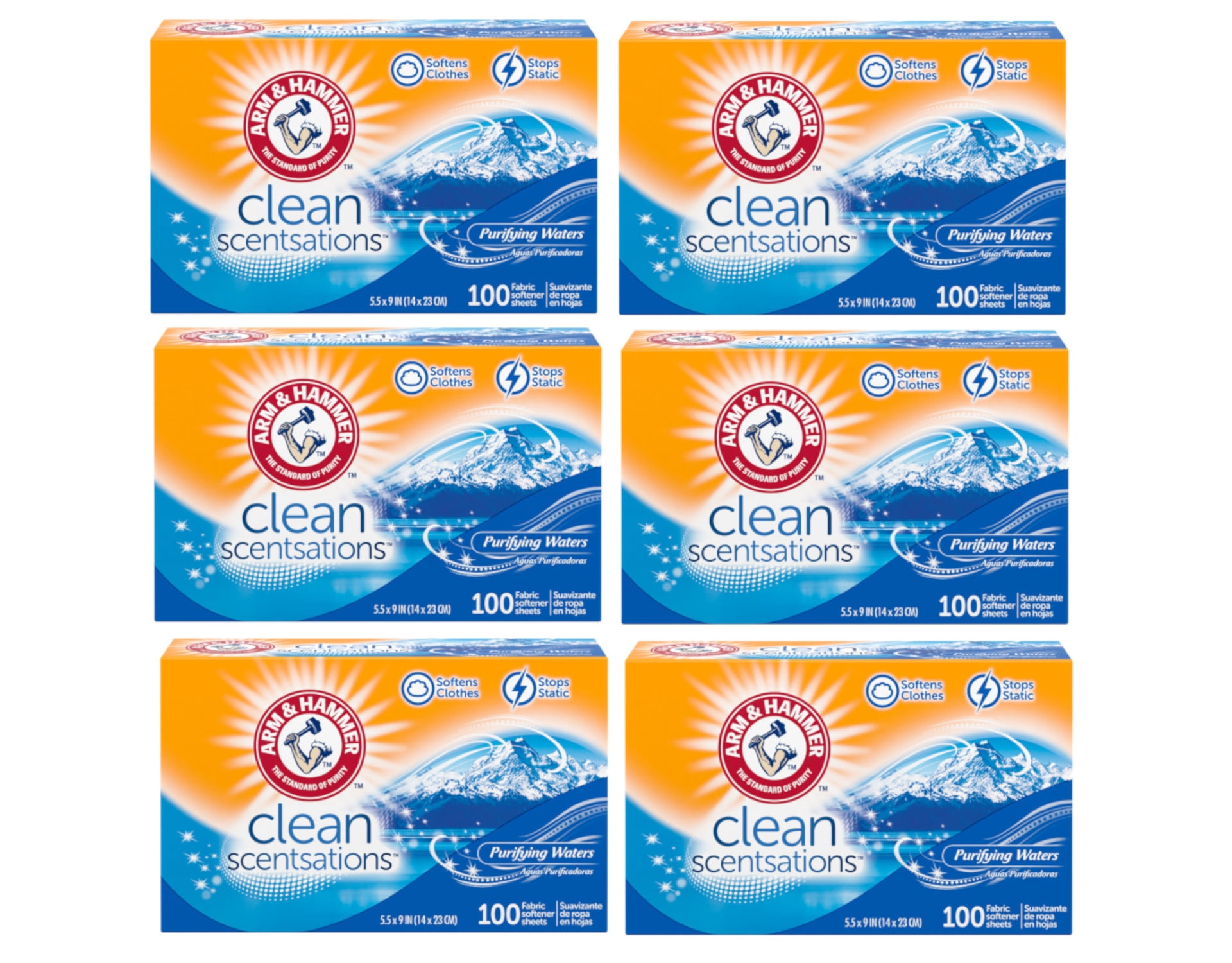 6 Pack of Arm & Hammer Fabric Softener Dryer Sheets, Purifying Waters Scent, 100 Count