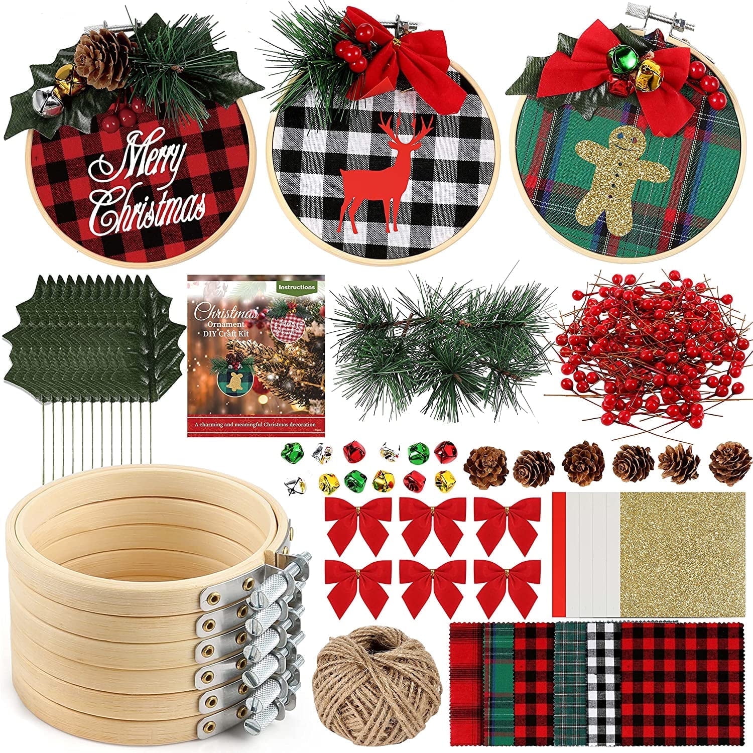 6 Pcs Christmas Ornament DIY Craft Kit Includes Plaid Fabric Bamboo 6-pcs-christmas-ornament-diy-craft-kit-includes-plaid-fabric-bamboo