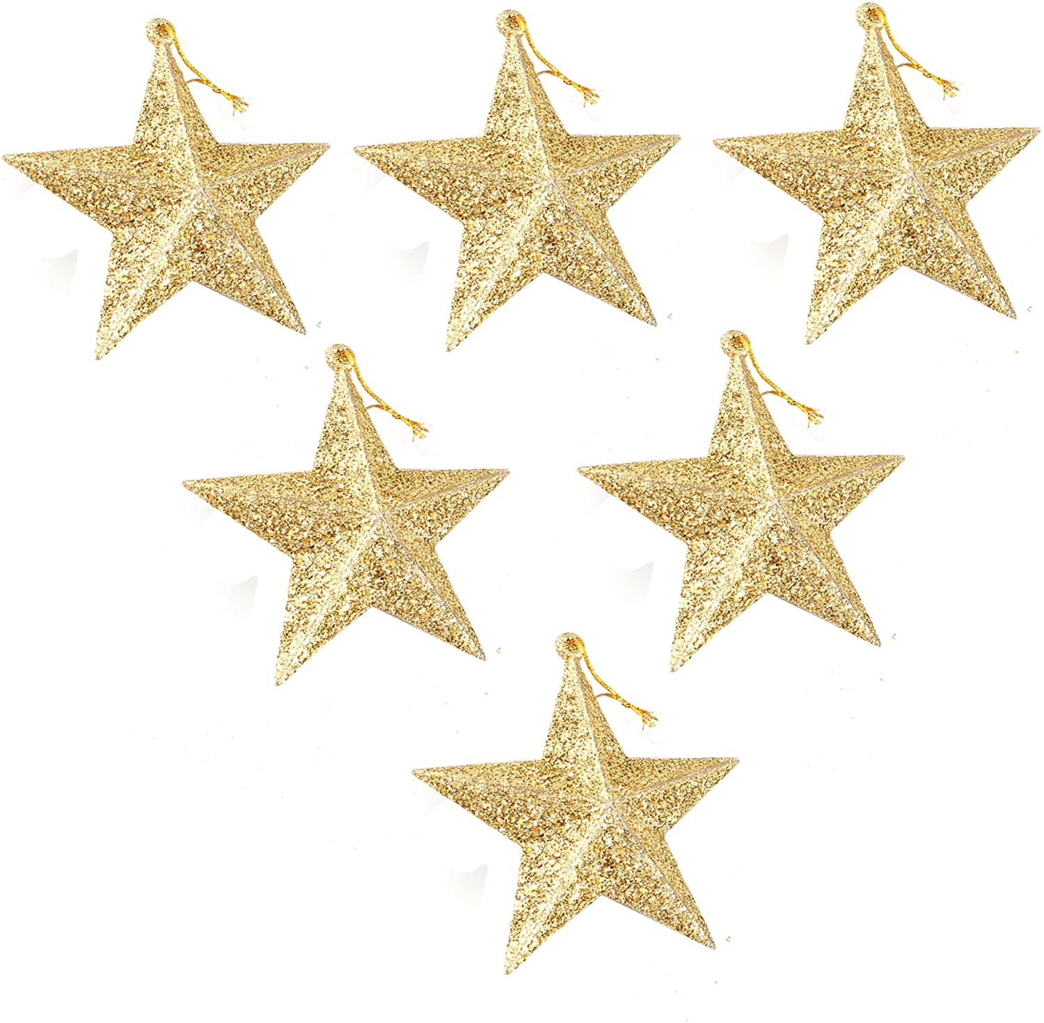 MKBL 6-Pack of Christmas Tree Decorations - Star Hanging Ornaments Gold Glitter Stars Festive Embellishments, Gold 3.5 Inches