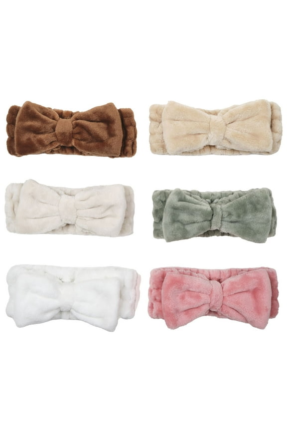 6 Pack of Coral Velvet Bowtie Headbands for Women, Skin Care, Facial Cleansing (6 Colors), 15 x 3 Inch (LxW)