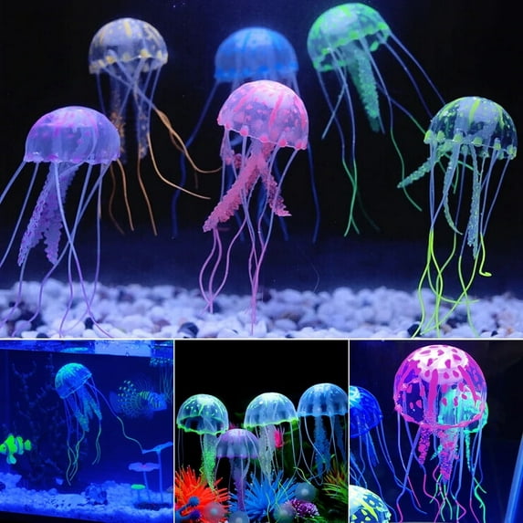 6 pack of Silicone Small Size Floating Neon Artificial Jellyfish - Fish Tank Aquarium Decoration
