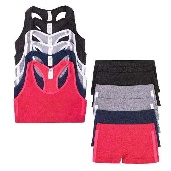 6 Pack of Girls Seamless Racerback Sports Bra and Boyshort SetBlack H2, Gry H2, Navy H1, Magenta H1, Medium