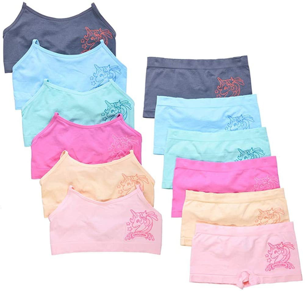 6 Pack of Girls Seamless Sweet Training Bra & Boyshort Bottoms Underwear  SetD.Gry,Light Blue, Mint, Hot Pink, Light Pink, Nude-Large