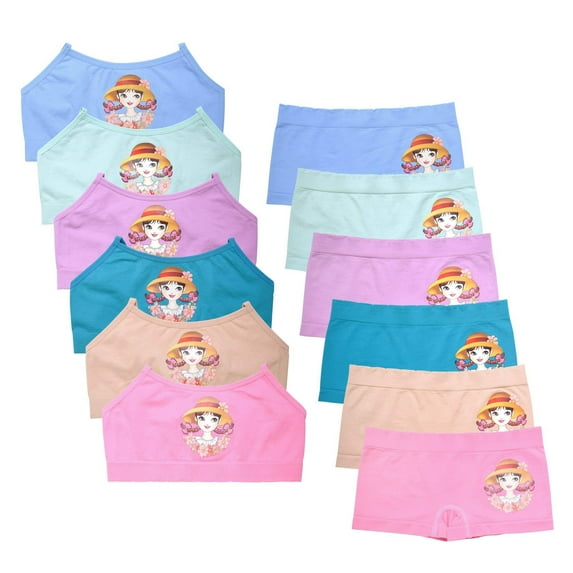 6 Pack of Girls Seamless Sweet Training Bra & Boyshort Bottoms Underwear SetD.Gry,Light Blue, Mint, Hot Pink, Light Pink, Nude-Large