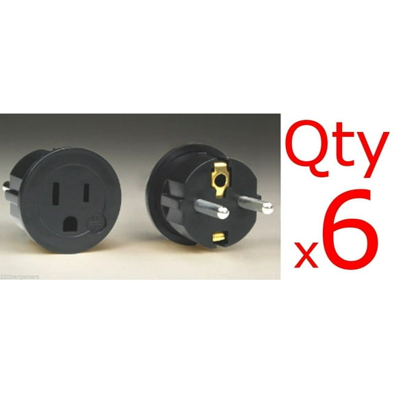 6 Pack of Plug Adapters - European / Asian Schuko Plug Adapter - USA to Europe / Asia Black