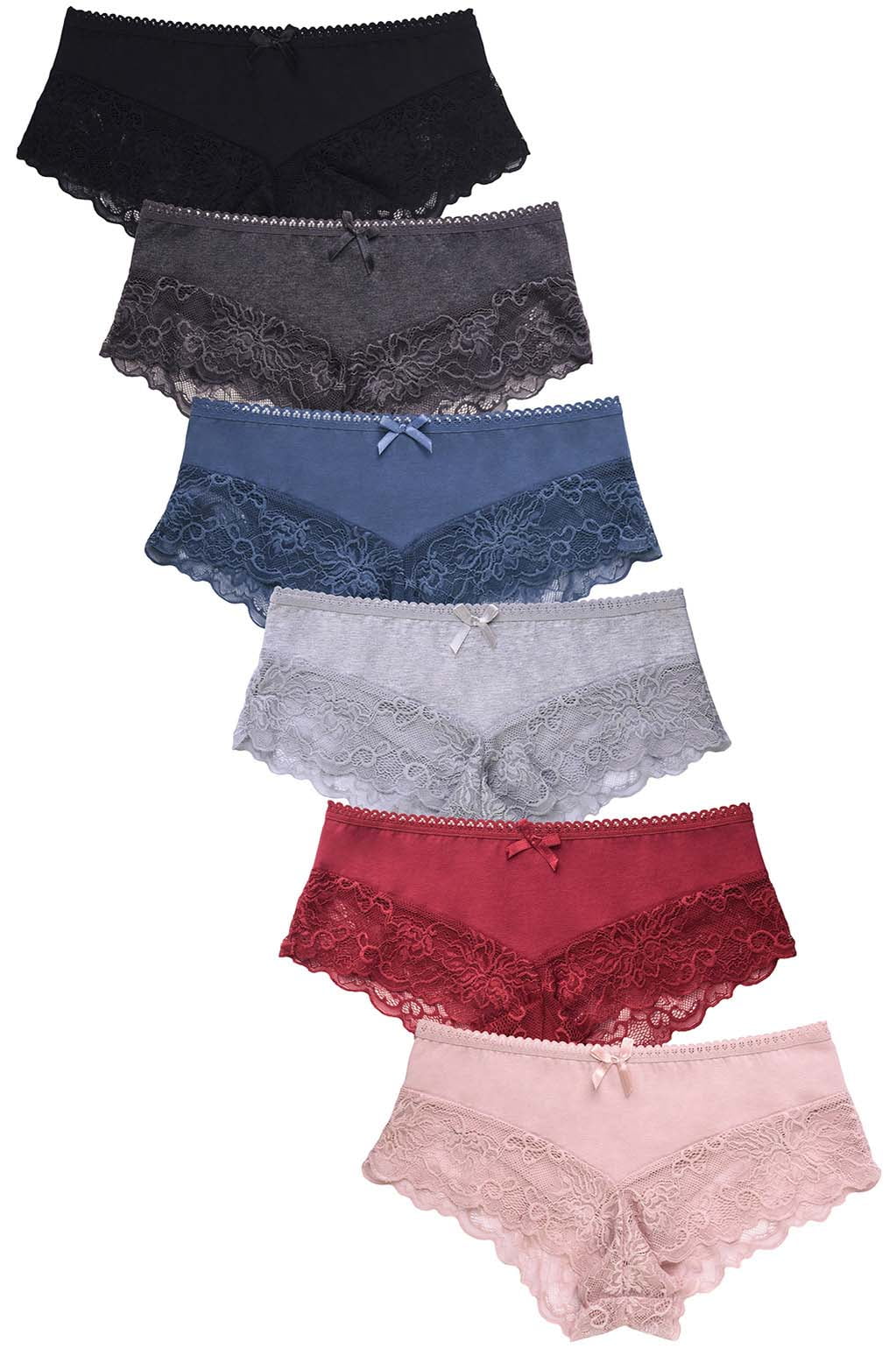 6 Pack of Womens Cotton Hipster Panties LowRise Boyshorts w/Stretch Floral Lace
