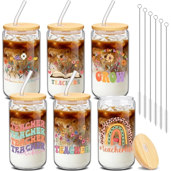 6 Pack to School Teacher Gifts 16oz Glass Cups with Lid & Straw - Teacher Appreciation Gifts Thank You Teacher Gifts Set