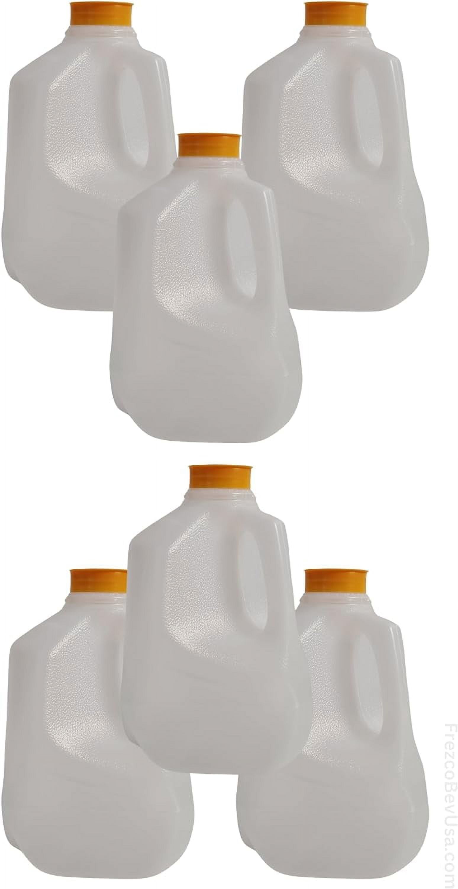 (6 Pack x 32 Oz Ea) Mini Milk Jugs Plastic With Orange Snap On Lid, Empty Milk/Juice Jugs, Use For Milk, Brews, Juice, Teas, Easy Grip Easy Pour Pitcher Elderly