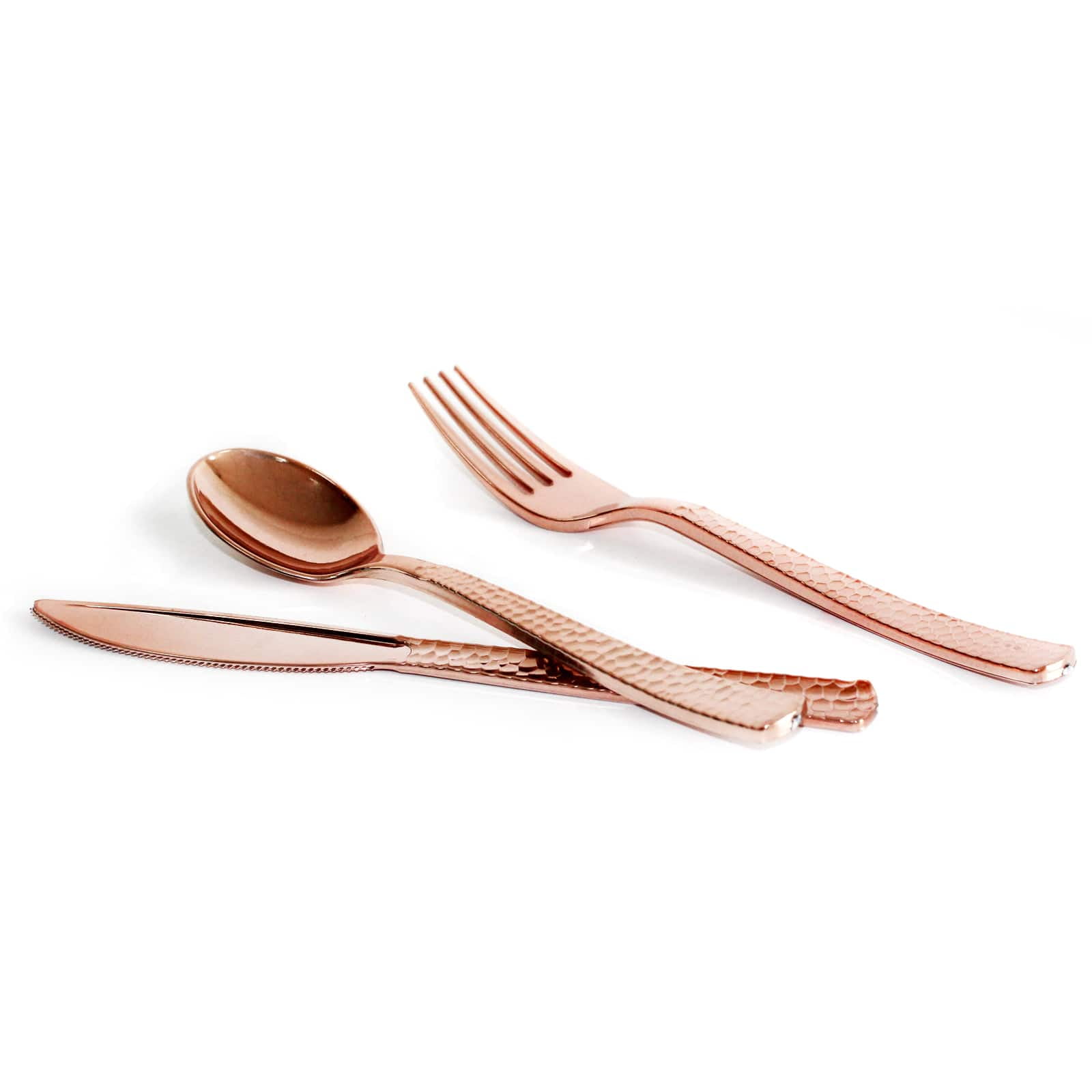 6 Packs 120 ct. (720 total) Rose Gold Hammered Plastic Cutlery Set by