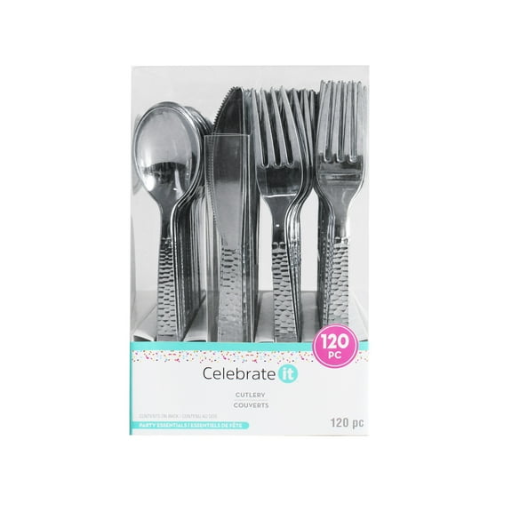 6 Packs: 120 ct. (720 total) Silver Hammered Plastic Cutlery Set by Celebrate It