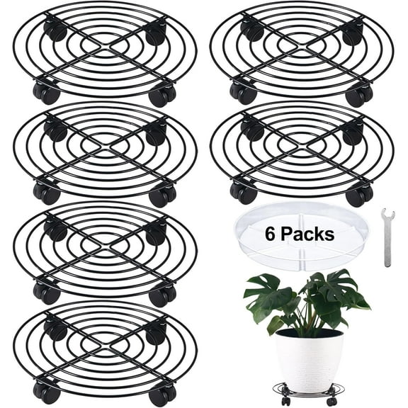 6 Packs 14 Inches  Metal Plant Caddy with Wheels Rolling Plant Stands Heavy-duty Wrought Iron Plant Roller Base Pot Movers Plant Saucer on Wheels Indoor Outdoor Plant Dolly with Casters Planter Tray