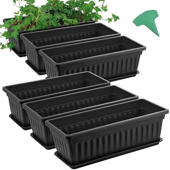 6 Packs 17 Inches Black Flower Window Box Plastic Vegetable Planters Long Pots with 15 Pcs Plant Labels for Outdoor Indoor Windowsill, Patio, Garden, Home Decor, Porch