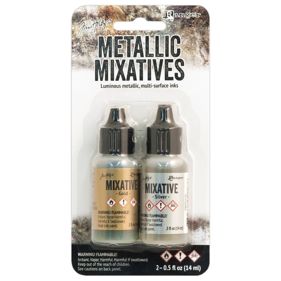 6 Packs: 2 ct. (12 total) Tim Holtz Alcohol Ink Metallic Mixative Set - Gold & Silver