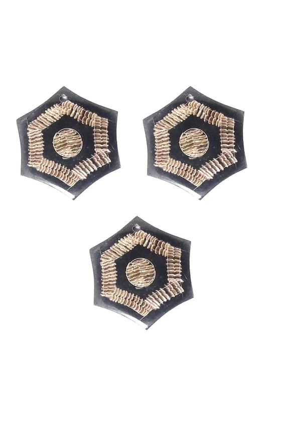 6 Packs of 3 Pcs Natural HANDMADE Horn Beads Pendant Medallion Hexagon shape Hand Carved Snake Skin Design Jewelry Craft Necklace Choker Bracelet African Ethenic - Natural Color Finish Black- #BD3067
