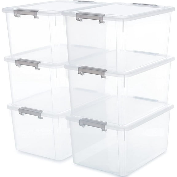 6 Packs 32 QT Plastic Storage Bins with Lids Large Stackable Storage Containers for Organizing Clear Storage Box for Garage, Closet, Kitchen