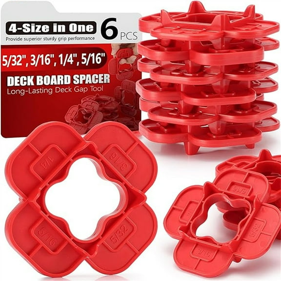 6 Packs 4-in-1 Multi-Size Deck Spacer Tool (5/32", 3/16", 1/4", 5/16") for Composite, PVC, Hardwood & Pressure Treated Decking Board - Red Options, Easy-to-Use Deck Board Gap Tool