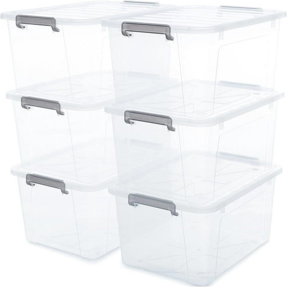 6 Packs 44.4 QT Plastic Storage Bins with Lids Large Stackable Storage Containers for Organizing Clear Storage Box for Garage, Closet, Kitchen