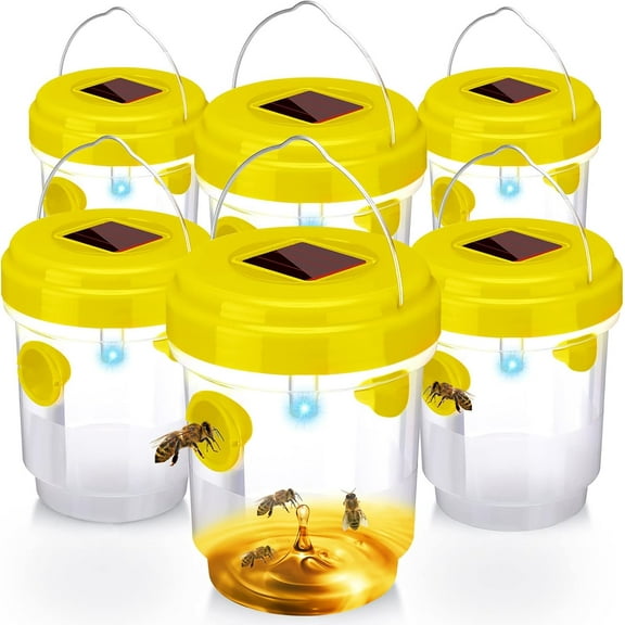 6 Packs 6 Pack Wasp Trap Solar Powered Bee Trap Reusable Fly Traps Outdoor Hanging Wasp Killer with UV LED Light Flying Insects Bee Killer for Indoor Outside Patio Garden Home (Yellow)