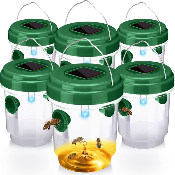 6 Packs 6 Pack Wasp Trap Solar Powered Bee Trap Reusable Fly Traps Outdoor Hanging Wasp Killer with UV LED Light Flying Insects Bee Killer for Indoor Outside Patio Garden Home (Green)