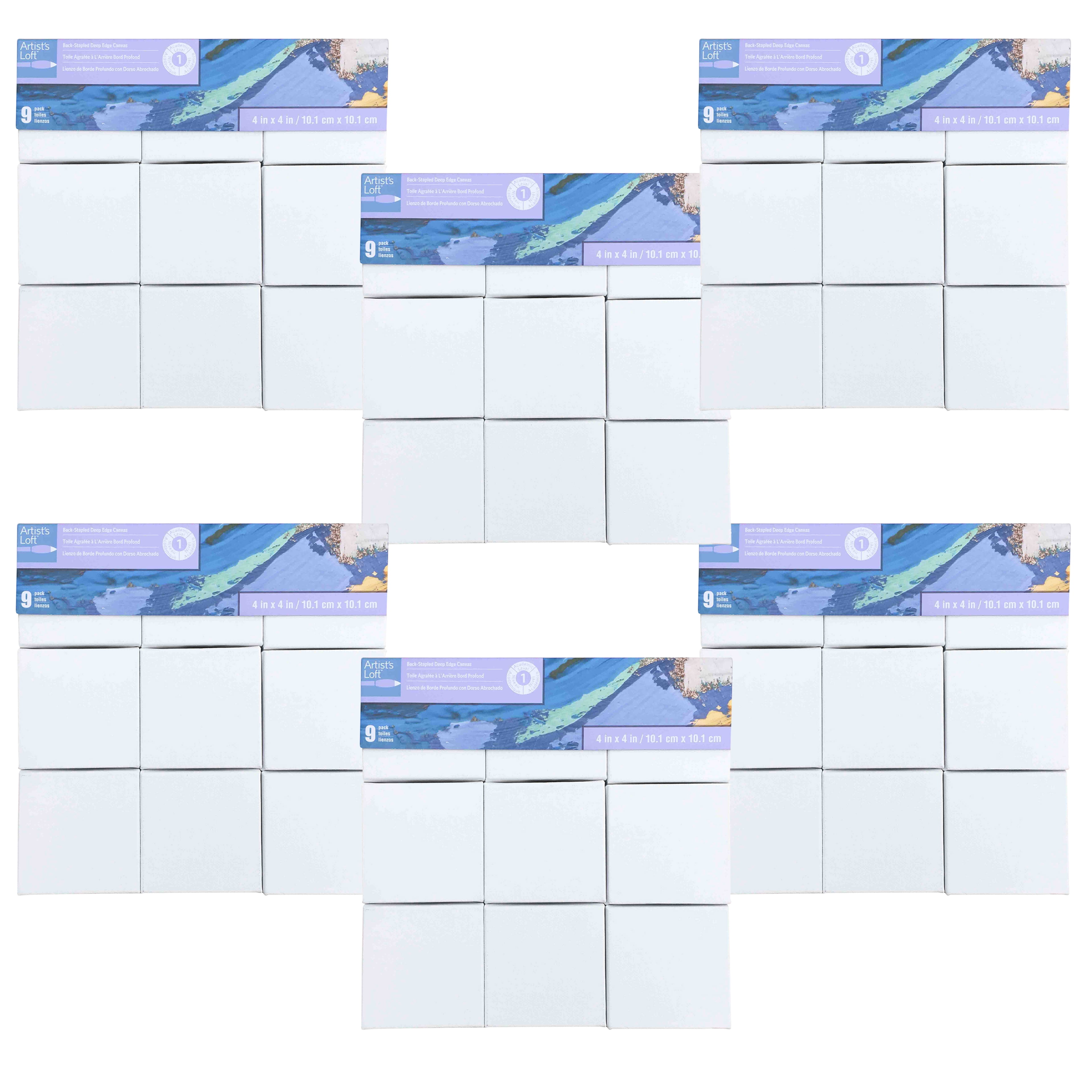 9 Count (54 total) 4” x 4” Level 1 Deco Canvas Pack by Artist's Loft - Acid Free Cotton Canvas for Paint - Acrylic - & Oils - Bulk 6 Packs