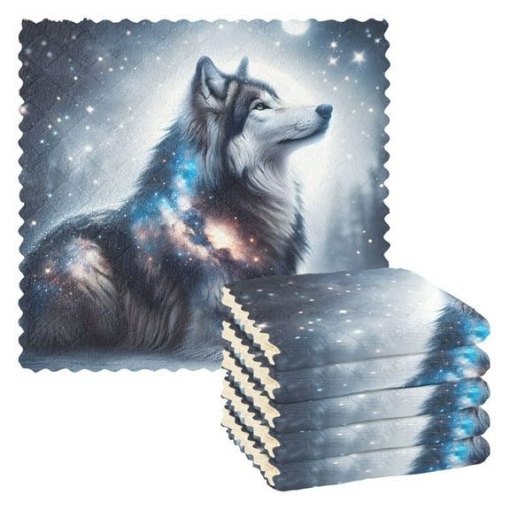 6 Packs Adorable Wolf in Night Kitchen Dish Towels Soft Absorbent Dish Cloths 11"x11"