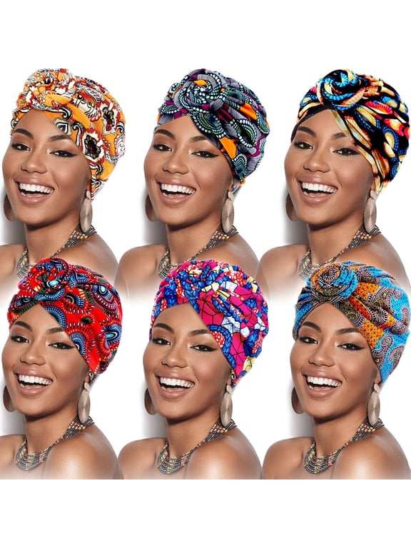6 Packs African Women Flower Turban Headwrap, Pre Tied Knot Bonnet Beanie Cap Head Scarf, Elastic Knot Hats For Outdoor Sports