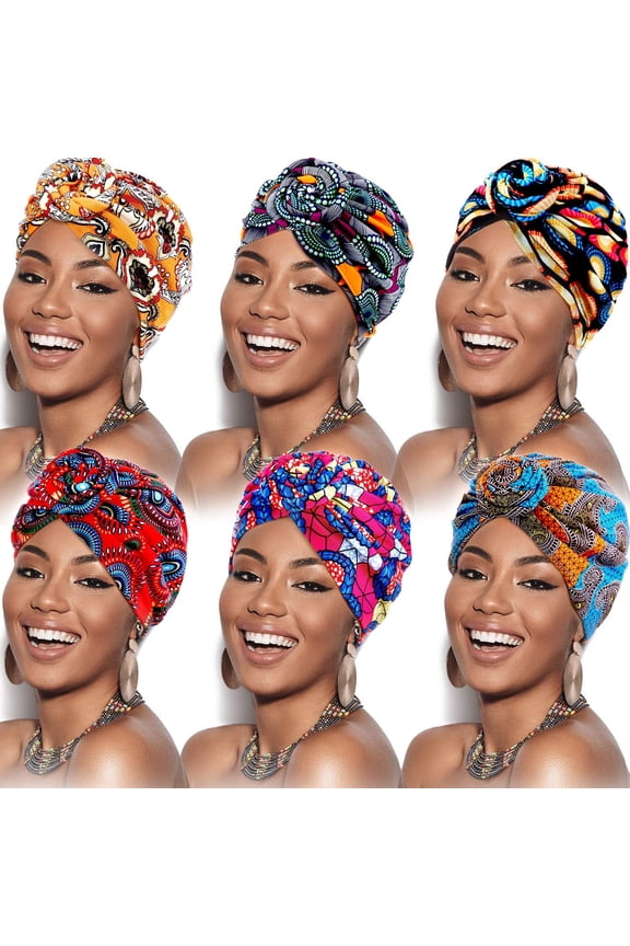6 Packs African Women Flower Turban Headwrap, Pre Tied Knot Bonnet Beanie Cap Head Scarf, Elastic Knot Hats For Outdoor Sports