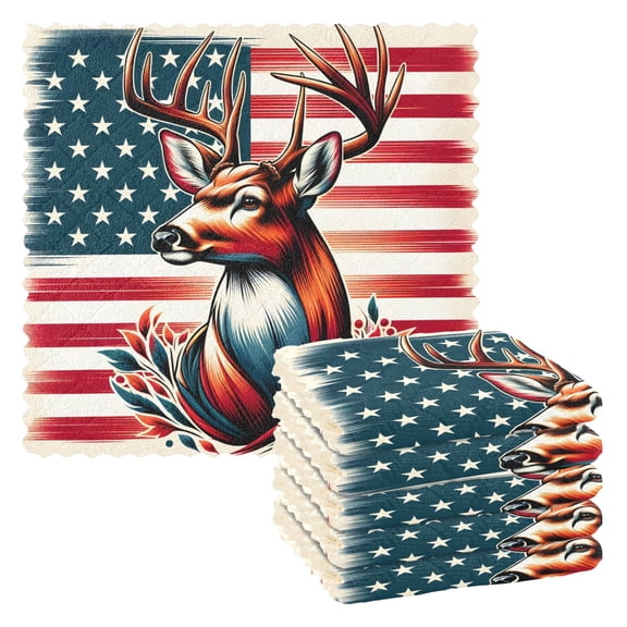 6 Packs Beautiful Deer with American Flag Kitchen Dish Towels Soft Absorbent Dish Cloths 11"x11"